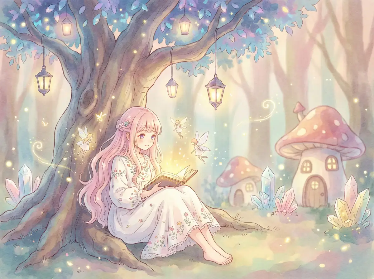 黑兽动漫 - 魔法森林中阅读故事书的粉发少女与精灵